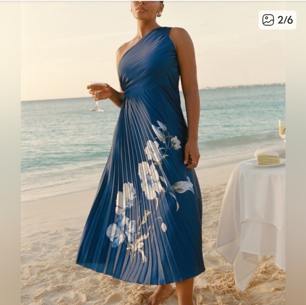 Abercrombie & Fitch Navy One-Shoulder Floral Pleated Dress